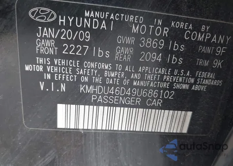 2009 Hyundai Elantra Gls z USA, uszkodzony, nr VIN KMHDU46D49U686102